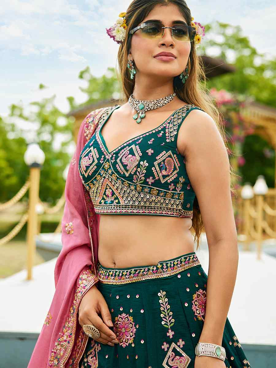 Green Poly Georgette Embroidered Festival Reception Wedding Party Wear Heavy Border Lehenga Choli
