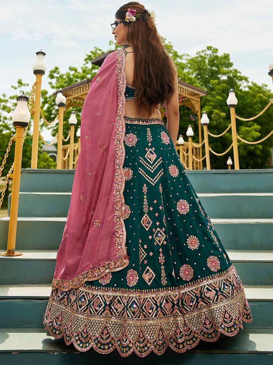 Green Poly Georgette Embroidered Festival Reception Wedding Party Wear Heavy Border Lehenga Choli