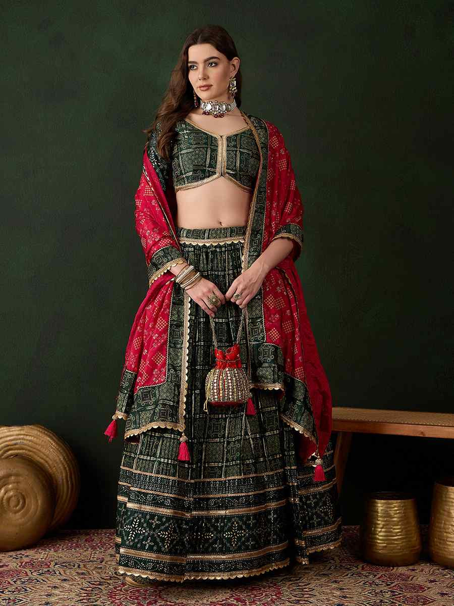 Green Poly Satin Printed Festival Mehendi Circular Lehenga Choli