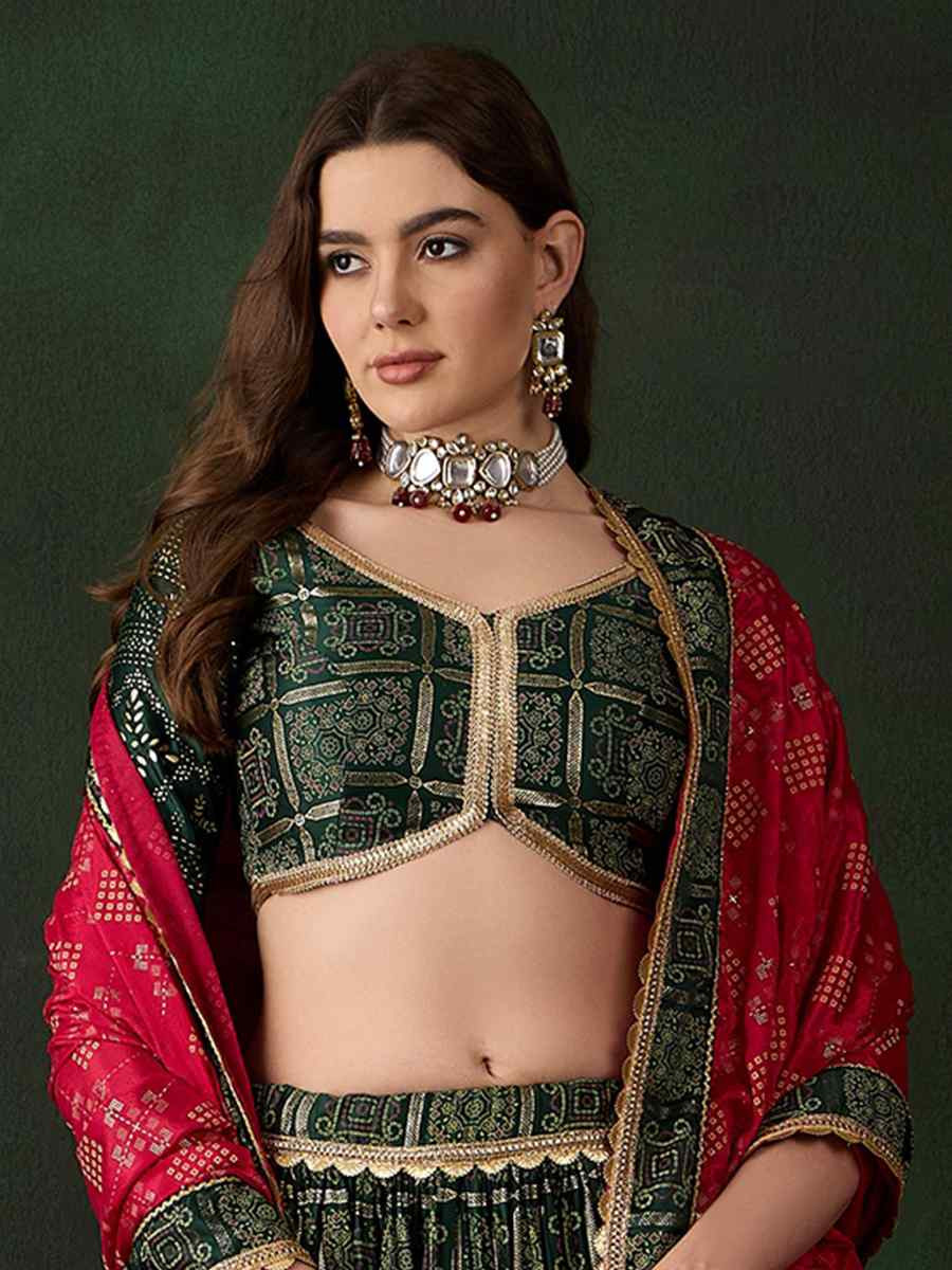 Green Poly Satin Printed Festival Mehendi Circular Lehenga Choli
