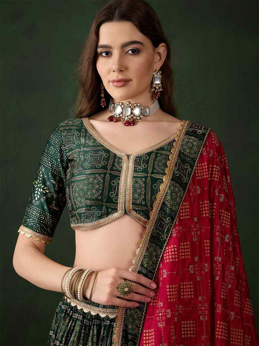 Green Poly Satin Printed Festival Mehendi Circular Lehenga Choli