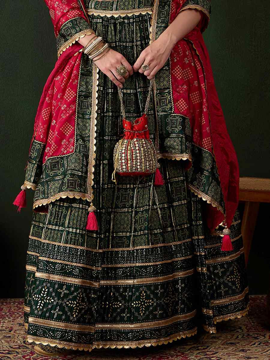 Green Poly Satin Printed Festival Mehendi Circular Lehenga Choli