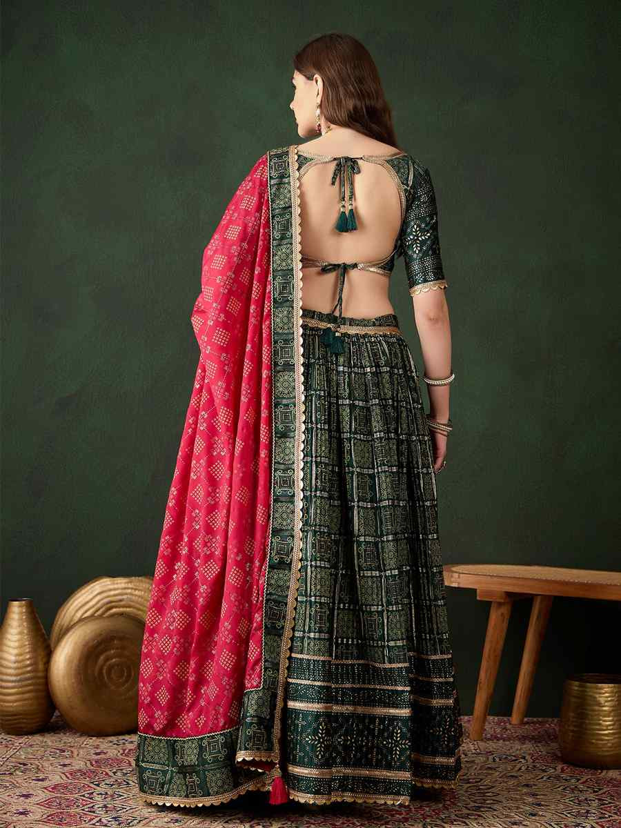 Green Poly Satin Printed Festival Mehendi Circular Lehenga Choli