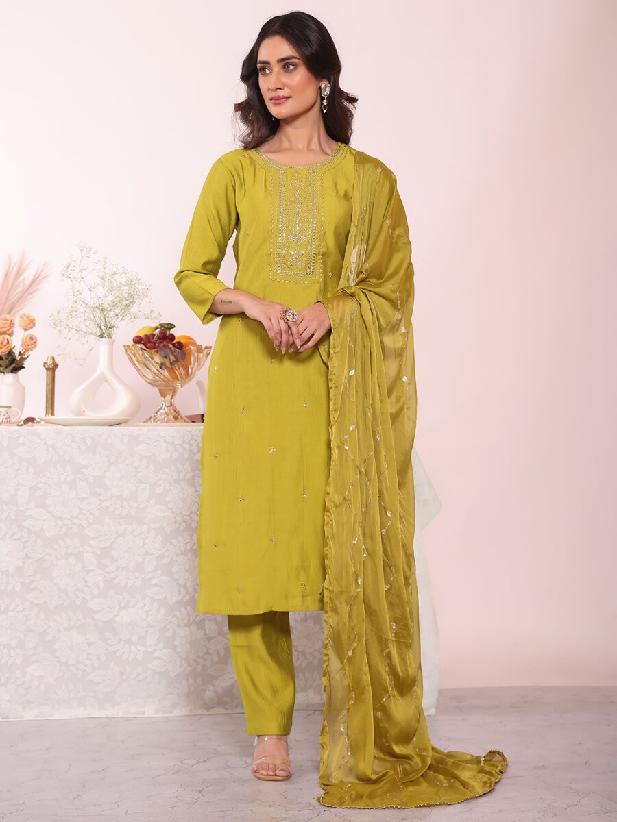 Green Poly Silk Embroidery Sequins Wedding Party Festival Casual Ready Pant Salwar Kameez