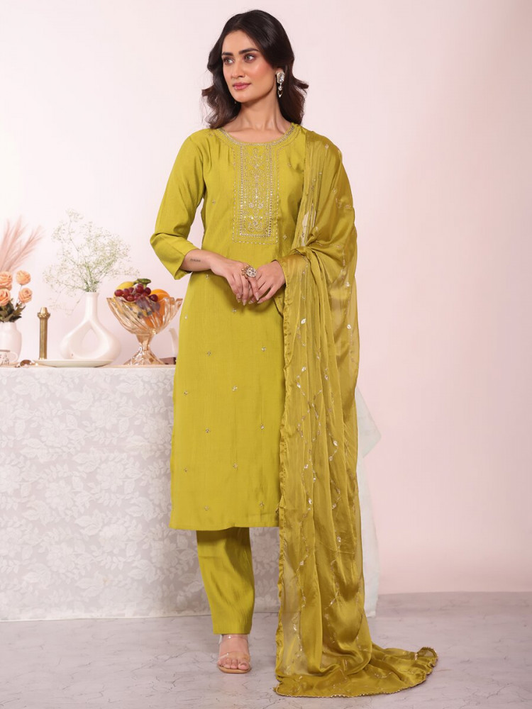 Image of Green Poly Silk Embroidery Sequins Wedding Party Festival Casual Ready Pant Salwar Kameez
