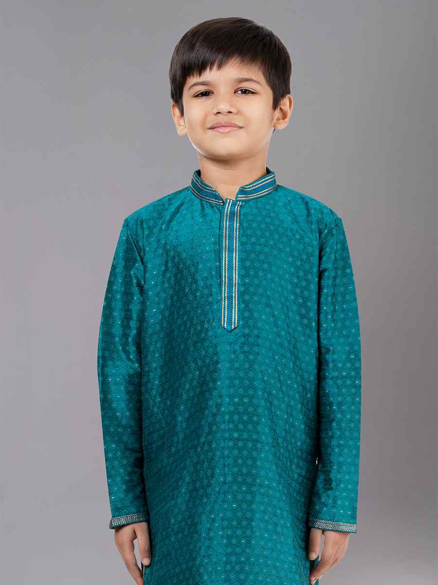 Green Polyester Cotton Embroidered Festival Traditional Kurta Pyjama Boys Wear