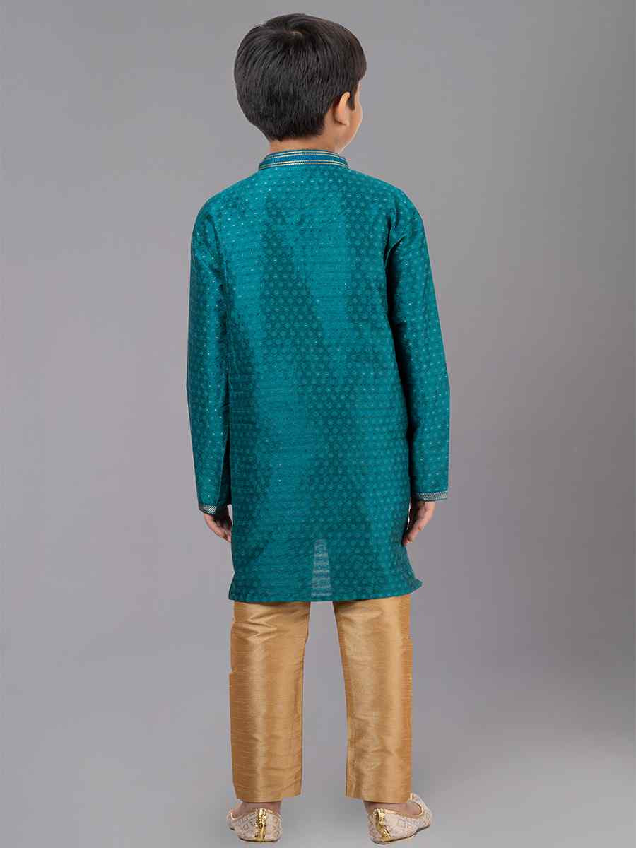 Green Polyester Cotton Embroidered Festival Traditional Kurta Pyjama Boys Wear
