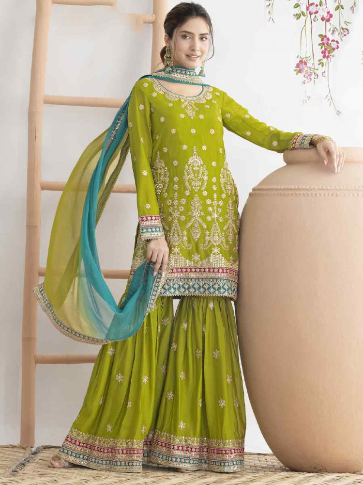 Image of Green Premium Chinon Embroidery Party Wedding Festival Casual Ready Sharara Pant Salwar Kameez