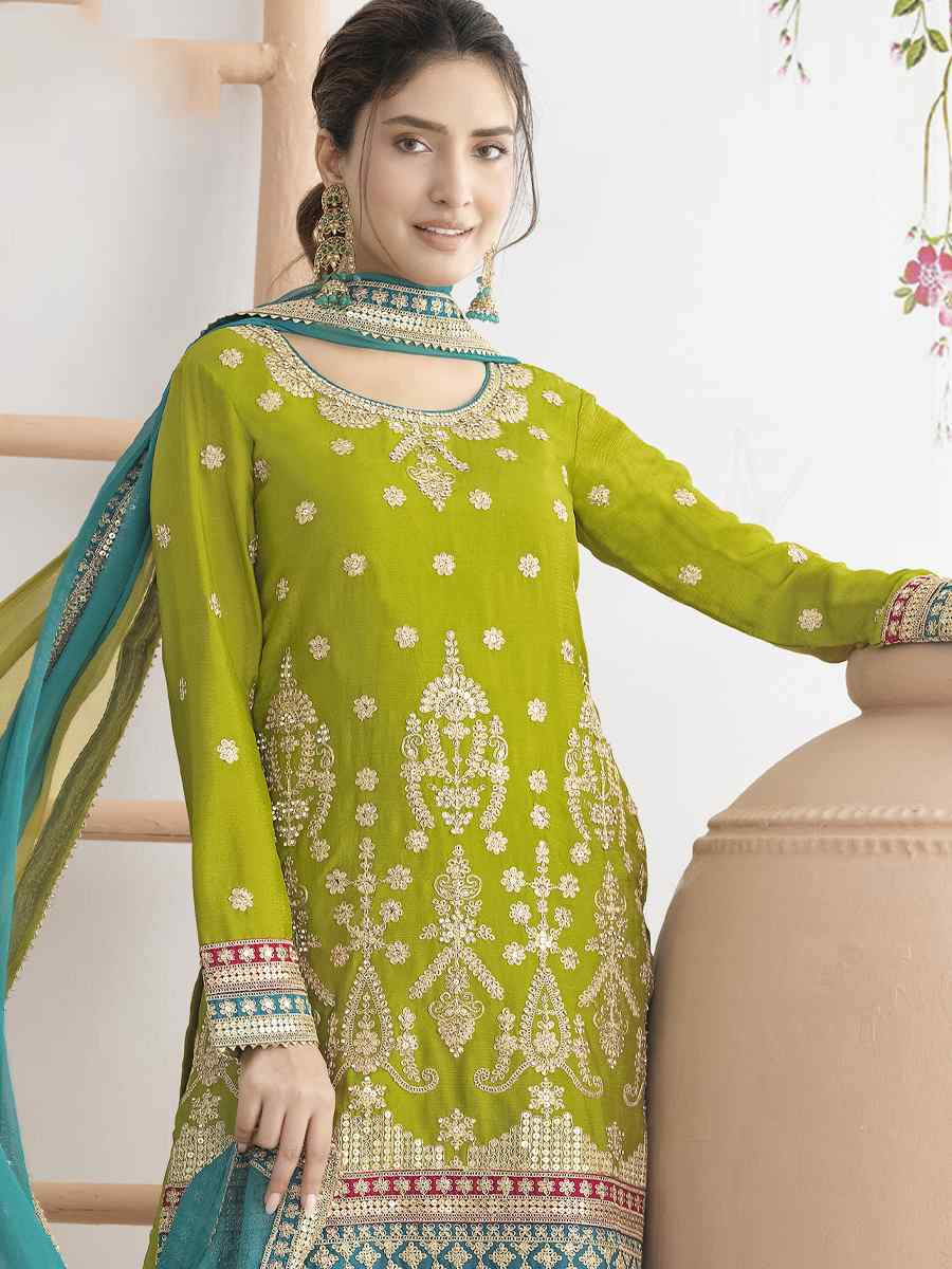 Green Premium Chinon Embroidery Party Wedding Festival Casual Ready Sharara Pant Salwar Kameez