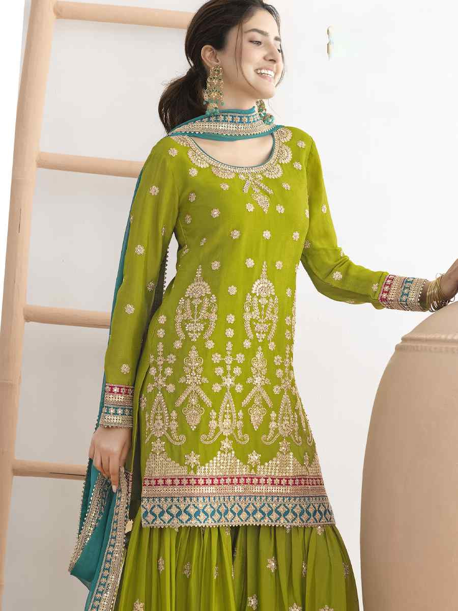 Green Premium Chinon Embroidery Party Wedding Festival Casual Ready Sharara Pant Salwar Kameez