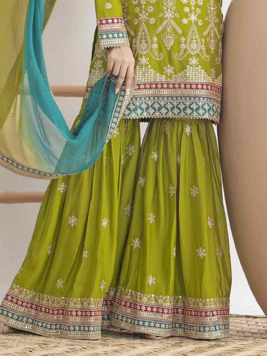 Green Premium Chinon Embroidery Party Wedding Festival Casual Ready Sharara Pant Salwar Kameez