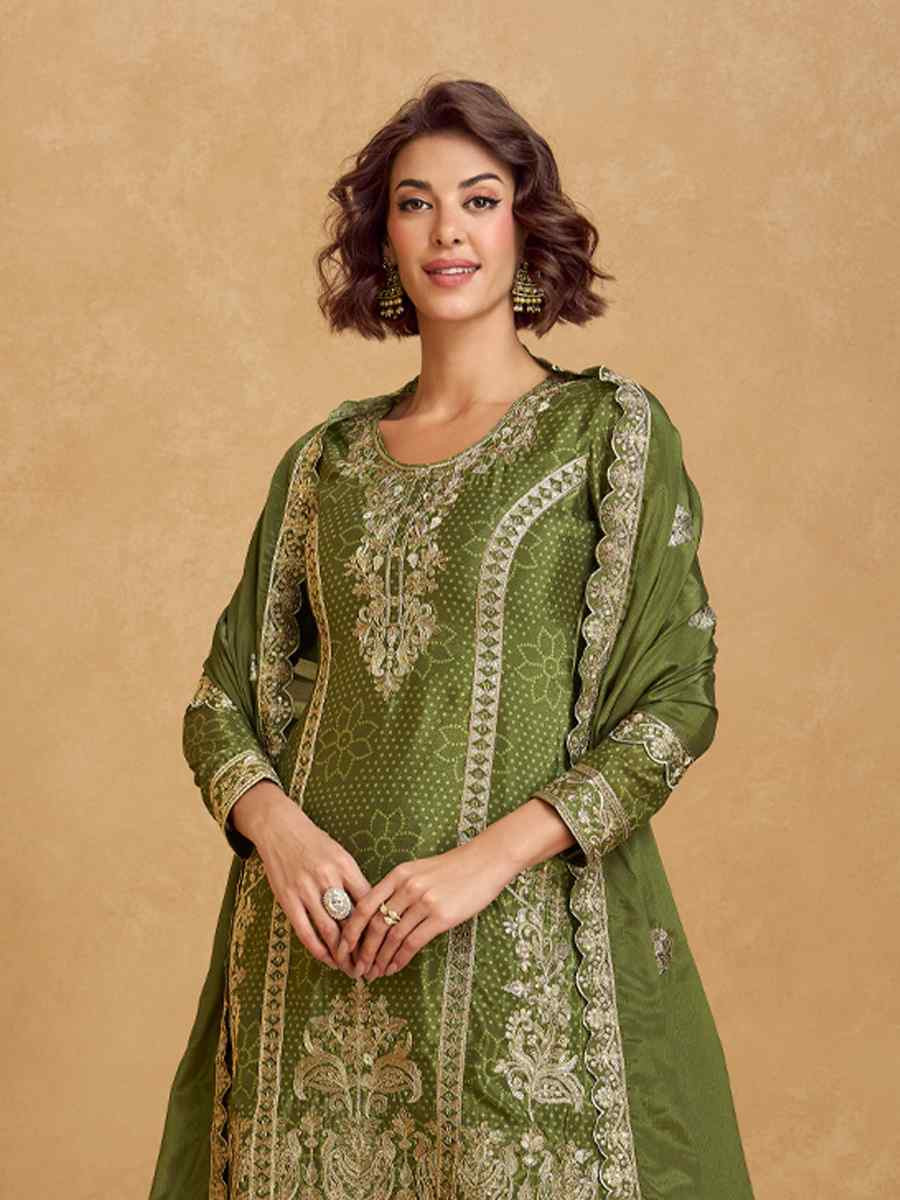 Green Premium Chinon Silk Embroidered Festival Wedding Ready Sharara Pant Salwar Kameez