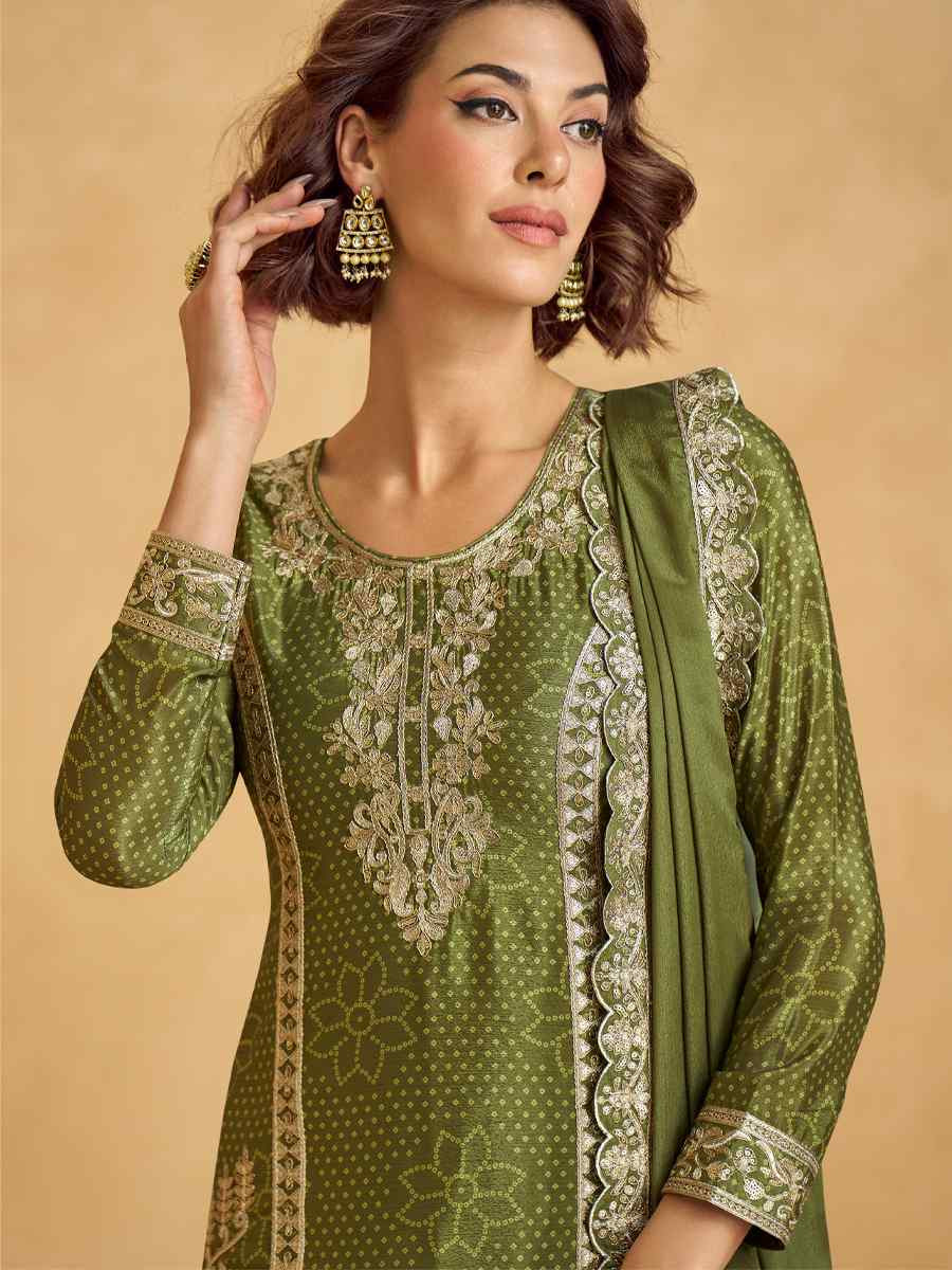 Green Premium Chinon Silk Embroidered Festival Wedding Ready Sharara Pant Salwar Kameez