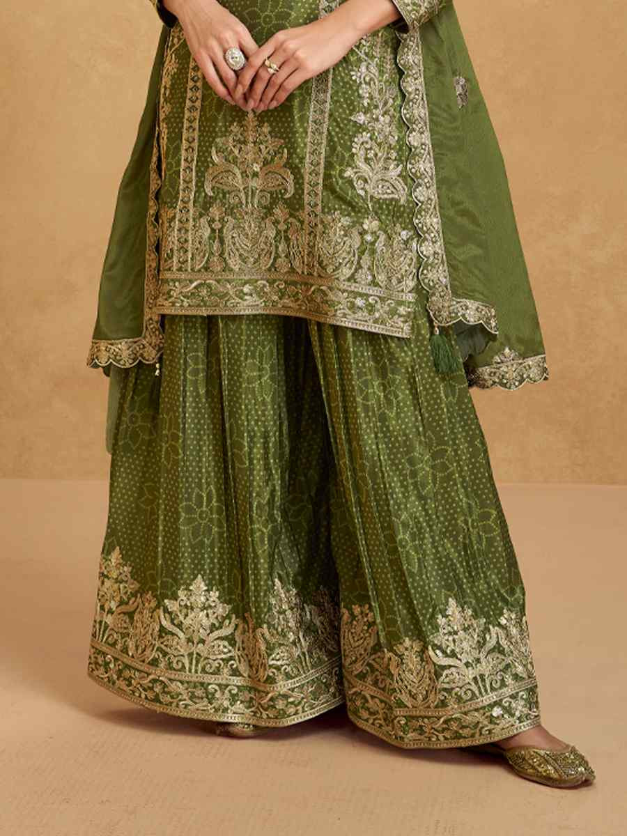 Green Premium Chinon Silk Embroidered Festival Wedding Ready Sharara Pant Salwar Kameez
