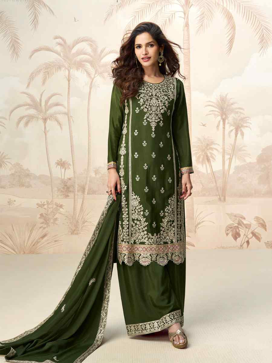 Green Premium Chinon Silk Embroidered Party Wedding Ready Palazzo pant Salwar Kameez