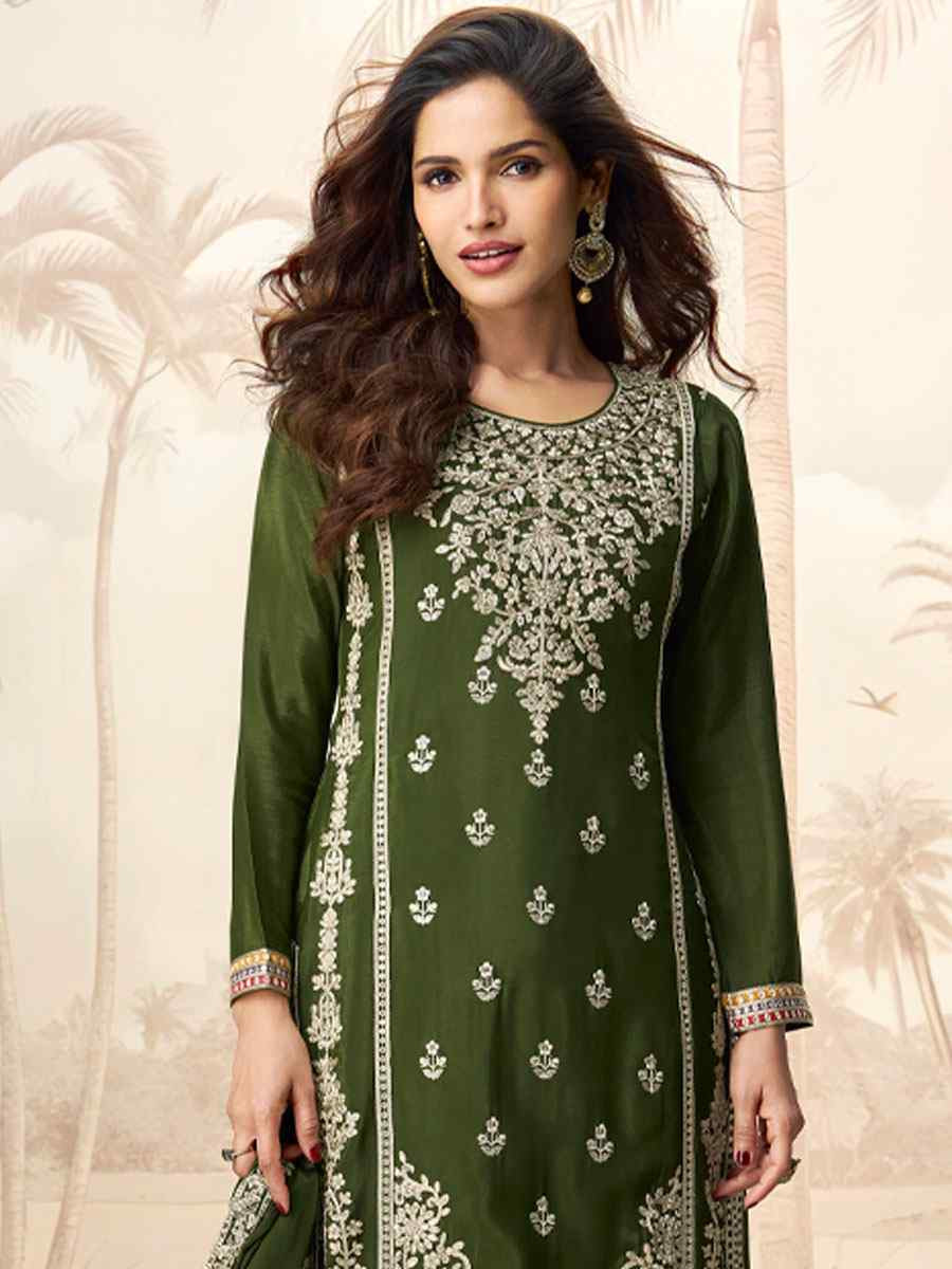 Green Premium Chinon Silk Embroidered Party Wedding Ready Palazzo pant Salwar Kameez