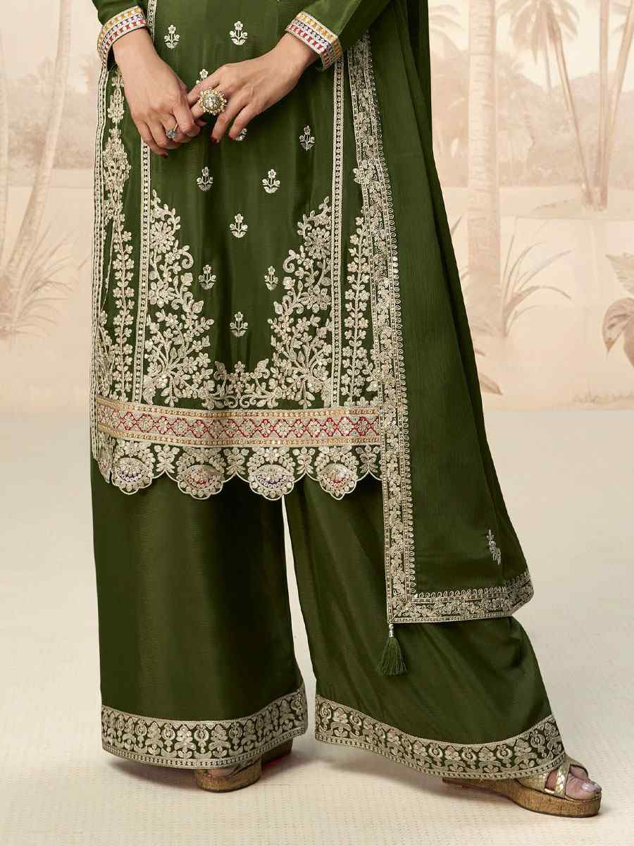 Green Premium Chinon Silk Embroidered Party Wedding Ready Palazzo pant Salwar Kameez