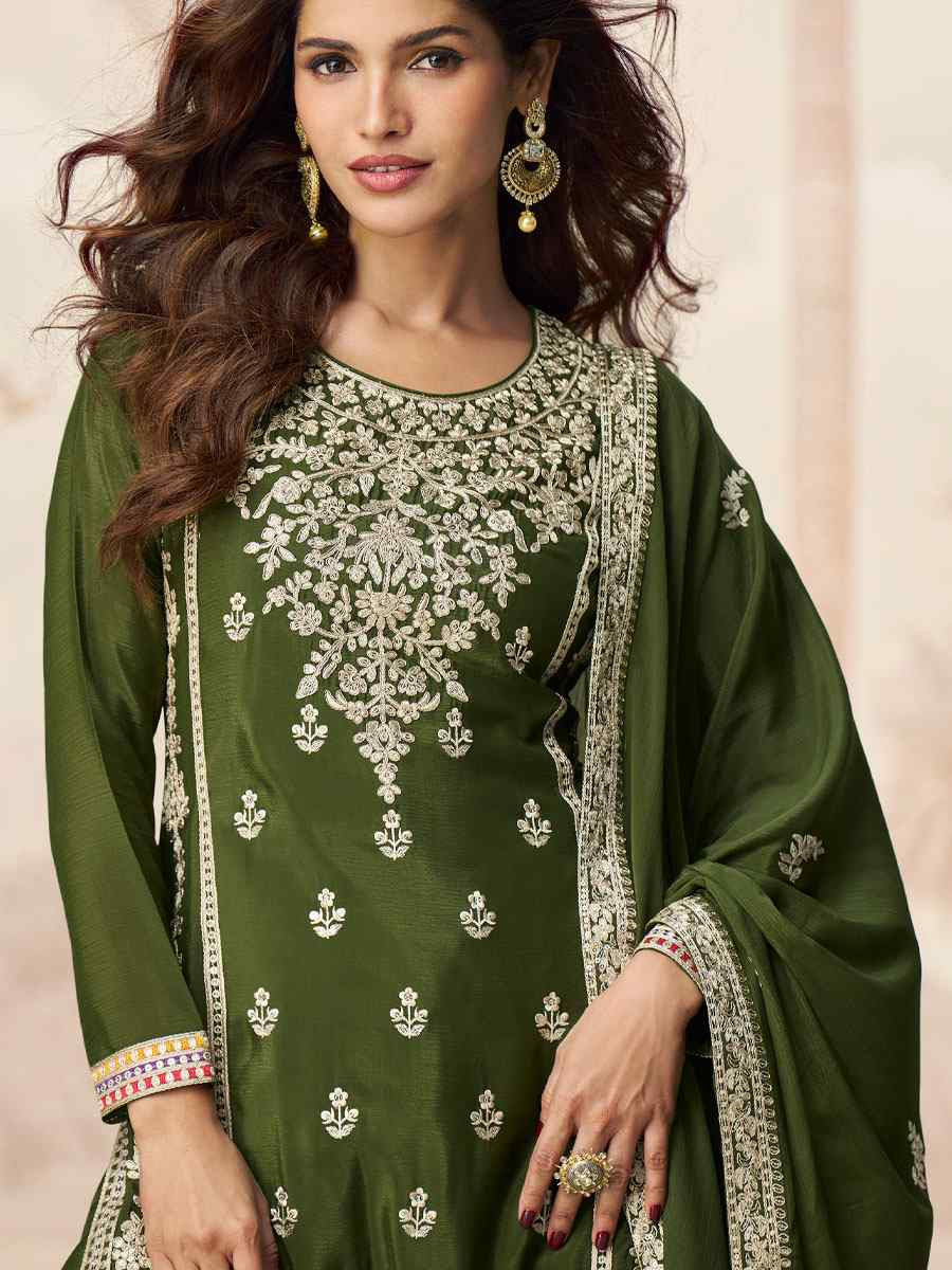 Green Premium Chinon Silk Embroidered Party Wedding Ready Palazzo pant Salwar Kameez