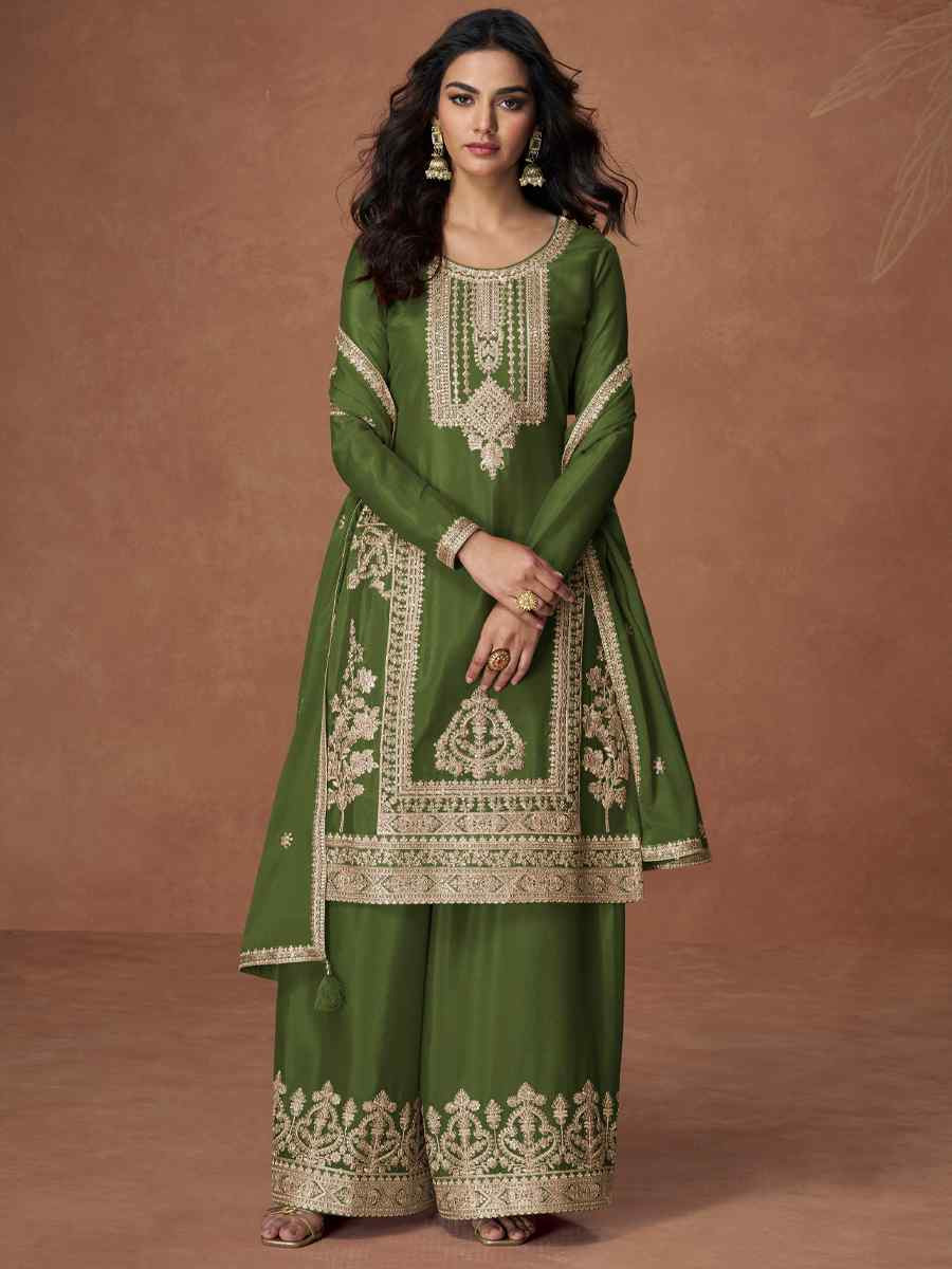Green Premium Chinon Silk Embroidery Party Wedding Festival Casual Ready Palazzo Pant Salwar Kameez