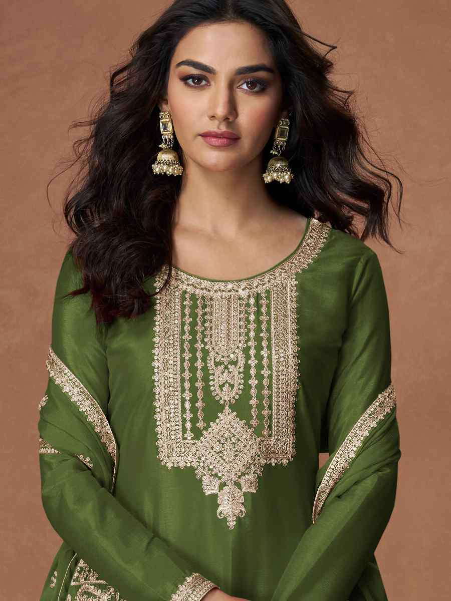 Green Premium Chinon Silk Embroidery Party Wedding Festival Casual Ready Palazzo Pant Salwar Kameez