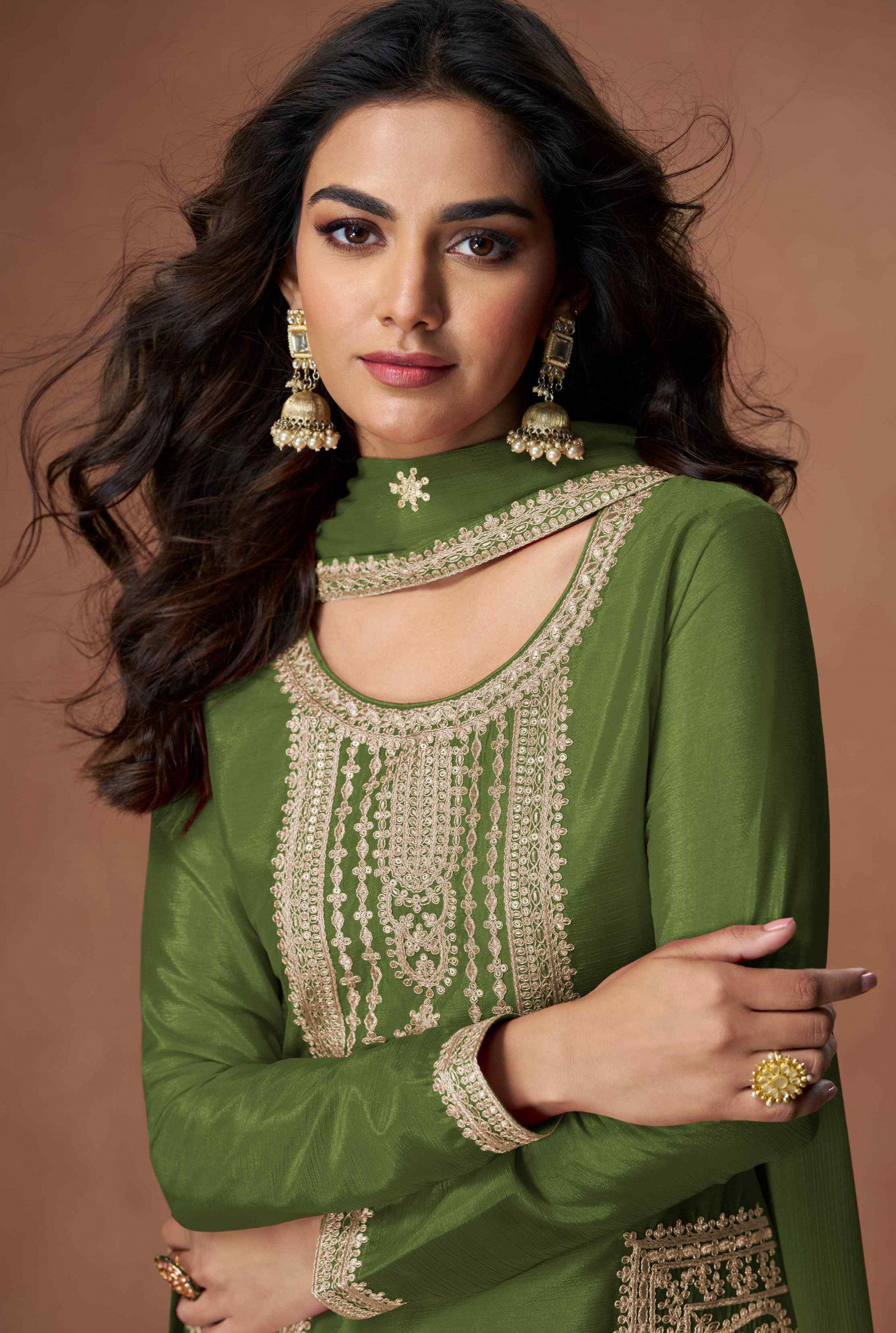 Green Premium Chinon Silk Embroidery Party Wedding Festival Casual Ready Palazzo Pant Salwar Kameez