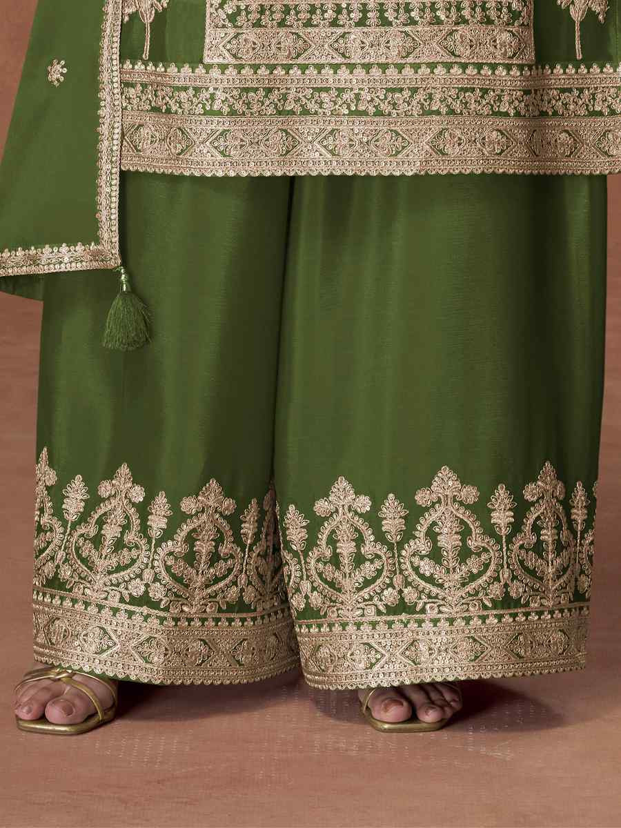 Green Premium Chinon Silk Embroidery Party Wedding Festival Casual Ready Palazzo Pant Salwar Kameez