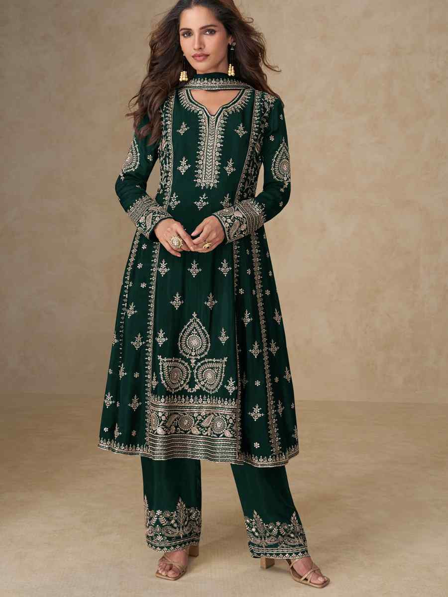Green Premium Chinon Silk Embroidery Party Wedding Festival Casual Ready Pant Salwar Kameez