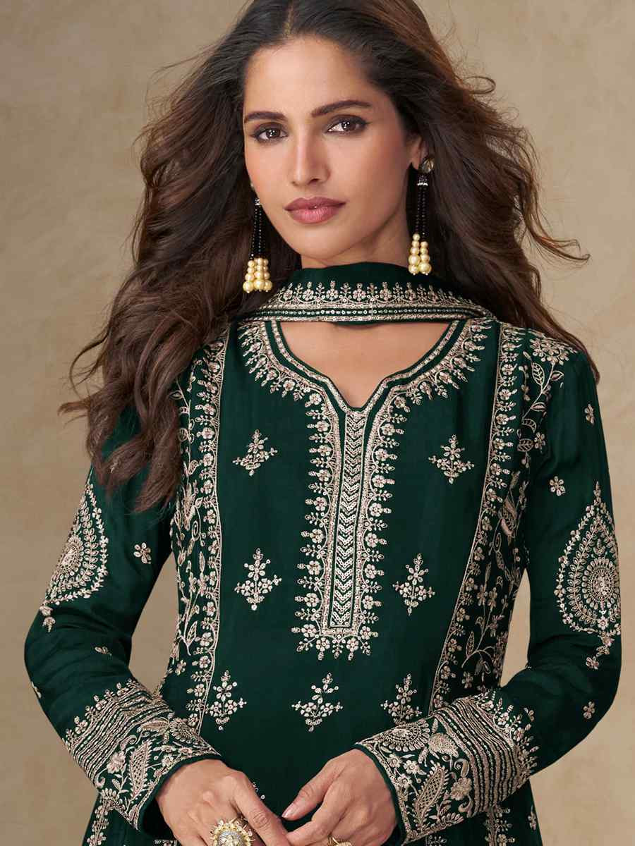 Green Premium Chinon Silk Embroidery Party Wedding Festival Casual Ready Pant Salwar Kameez