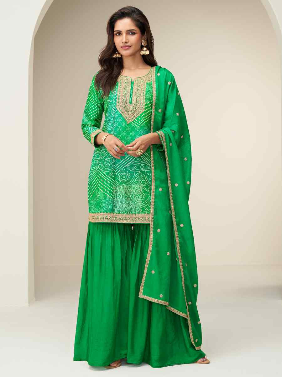 Green Premium Chinon Silk Embroidery Party Wedding Festival Casual Ready Sharara Pant Salwar Kameez