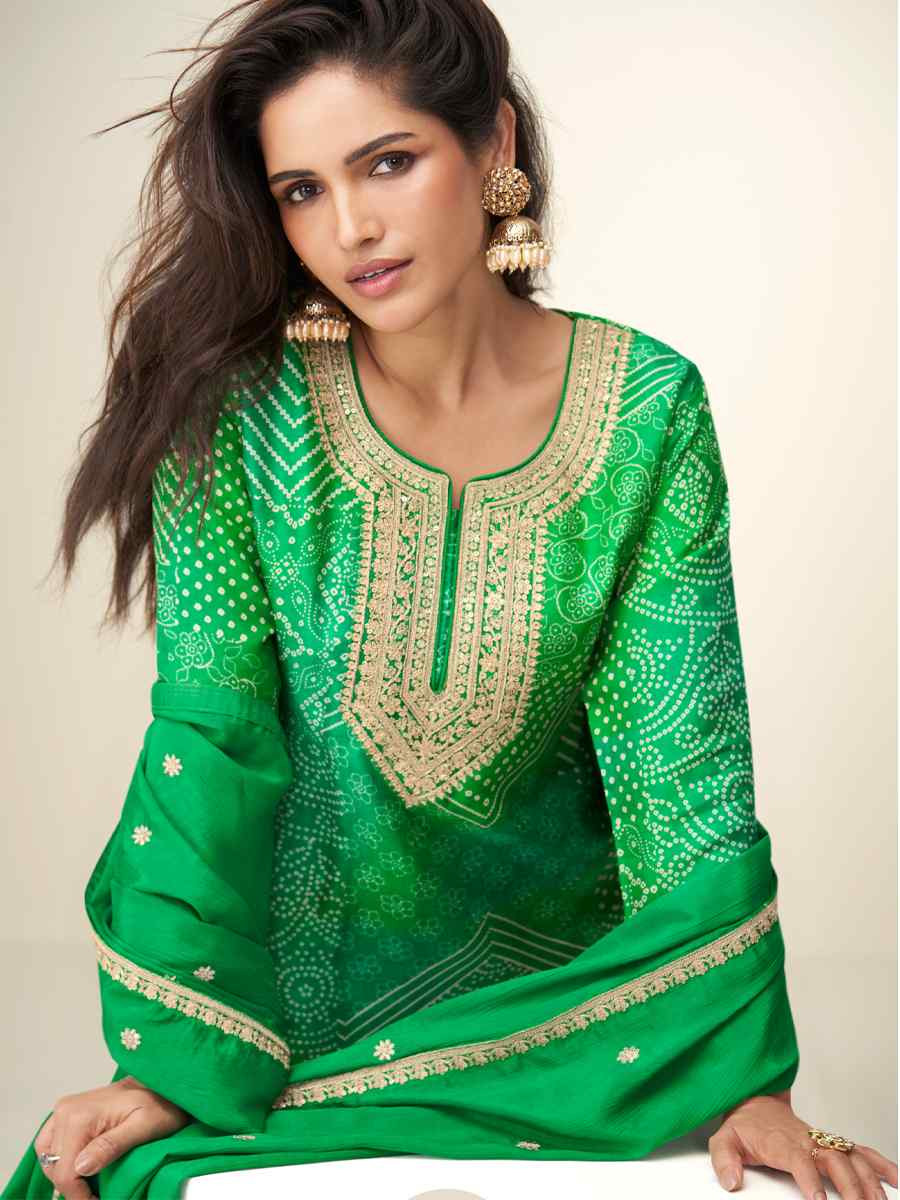Green Premium Chinon Silk Embroidery Party Wedding Festival Casual Ready Sharara Pant Salwar Kameez