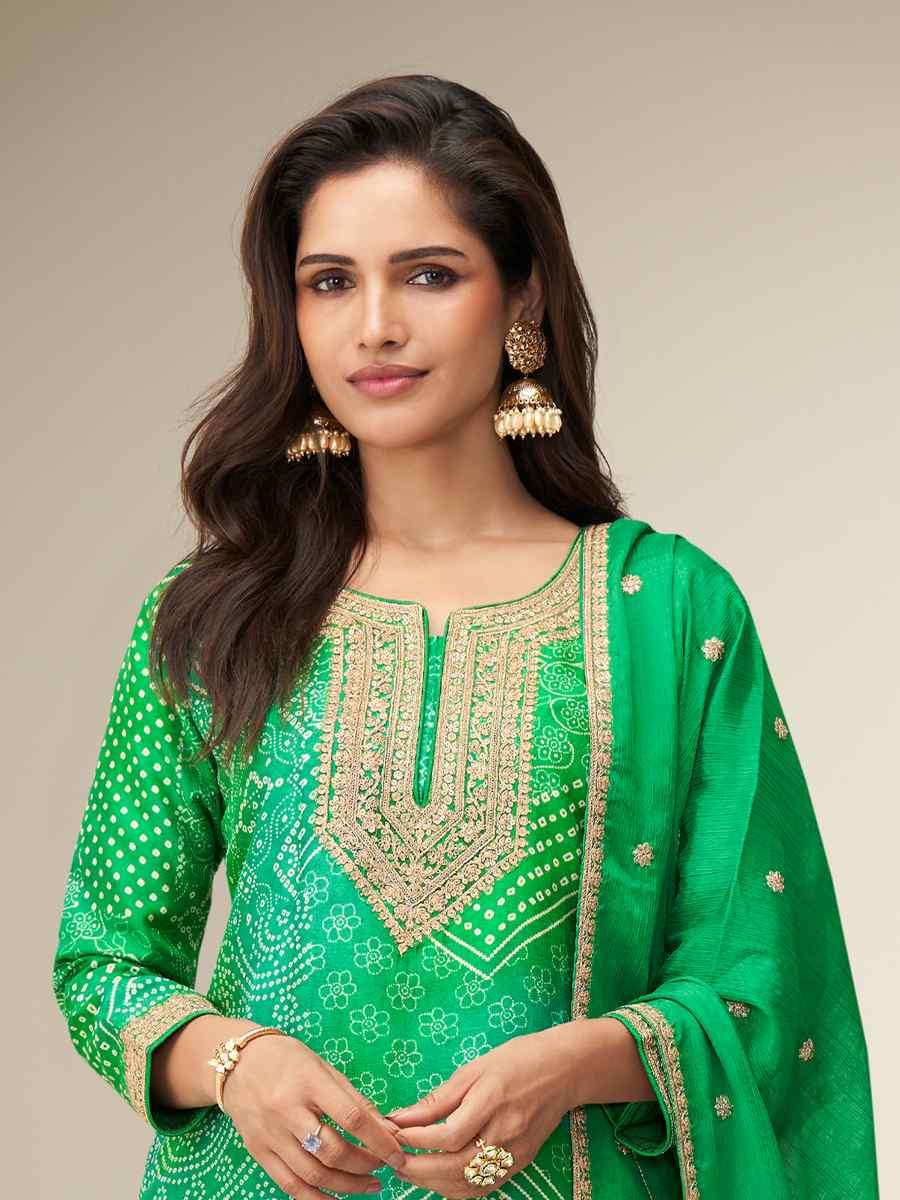 Green Premium Chinon Silk Embroidery Party Wedding Festival Casual Ready Sharara Pant Salwar Kameez