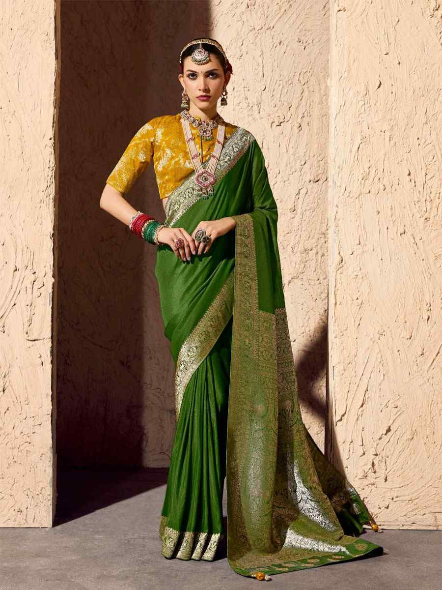 Green Premium Crepe Georgette Handwoven Traditional Bridal Reception Festival Wedding Fancy Heavy Border Saree