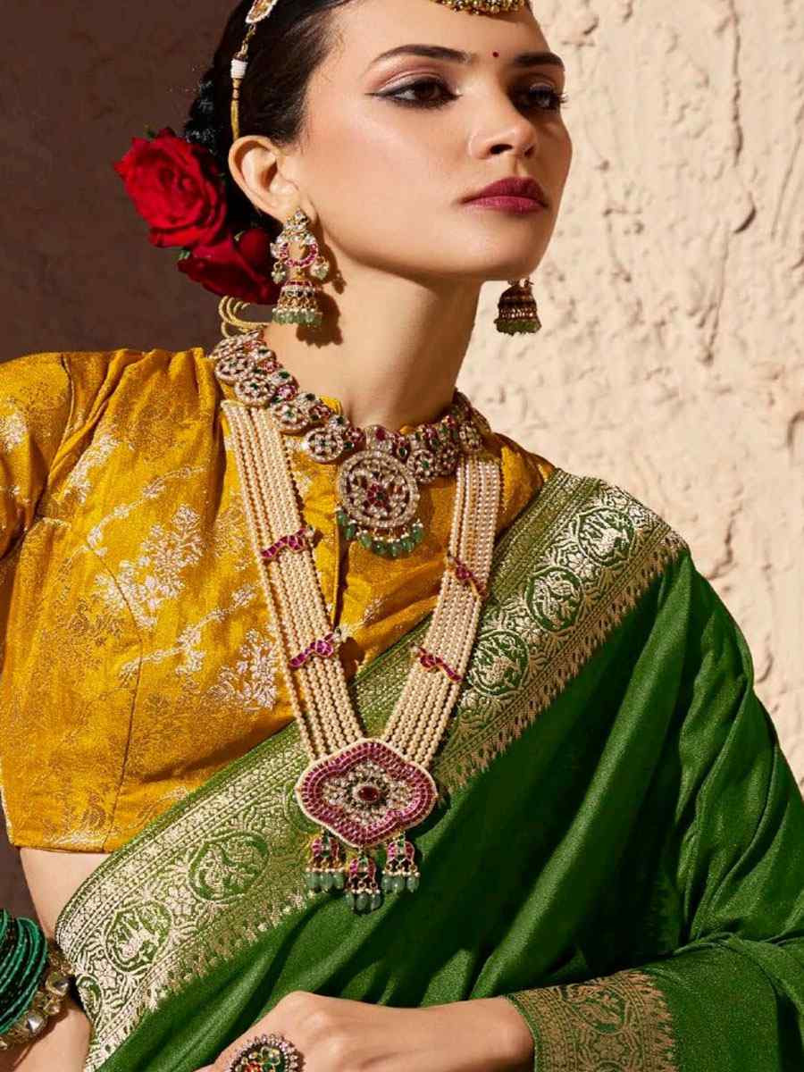 Green Premium Crepe Georgette Handwoven Traditional Bridal Reception Festival Wedding Fancy Heavy Border Saree