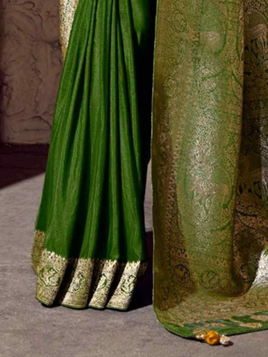 Green Premium Crepe Georgette Handwoven Traditional Bridal Reception Festival Wedding Fancy Heavy Border Saree
