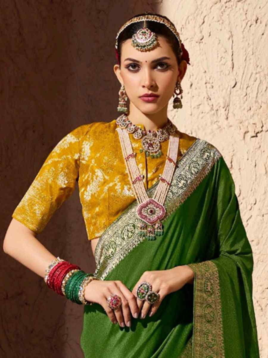 Green Premium Crepe Georgette Handwoven Traditional Bridal Reception Festival Wedding Fancy Heavy Border Saree