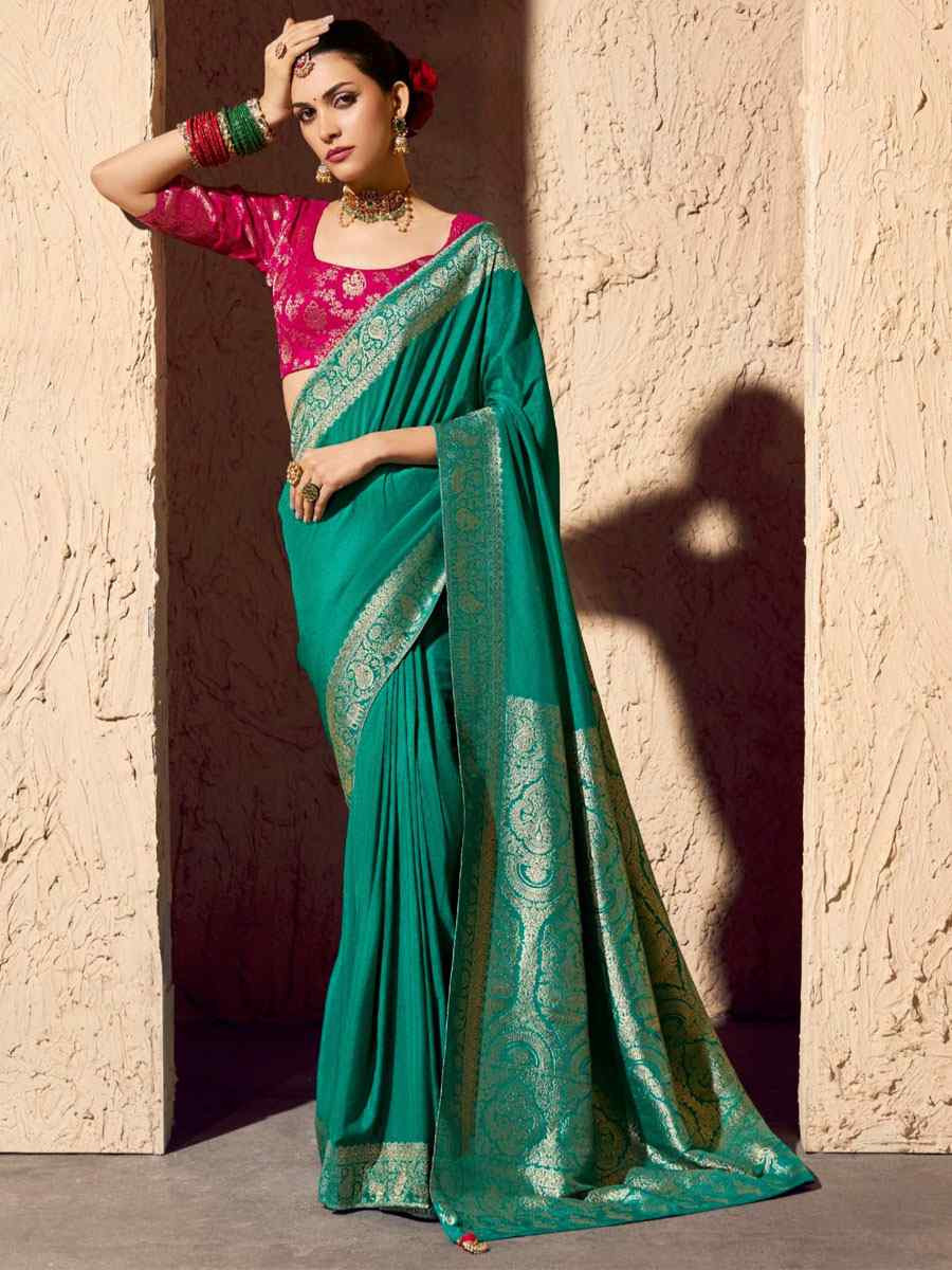 Green Premium Crepe Georgette Handwoven Traditional Bridal Reception Festival Wedding Fancy Heavy Border Saree