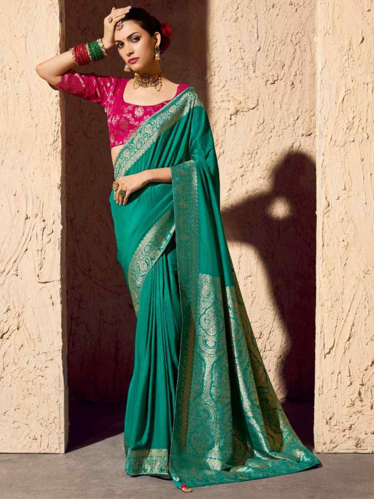 Image of Green Premium Crepe Georgette Handwoven Traditional Bridal Reception Festival Wedding Fancy Heavy Border Saree