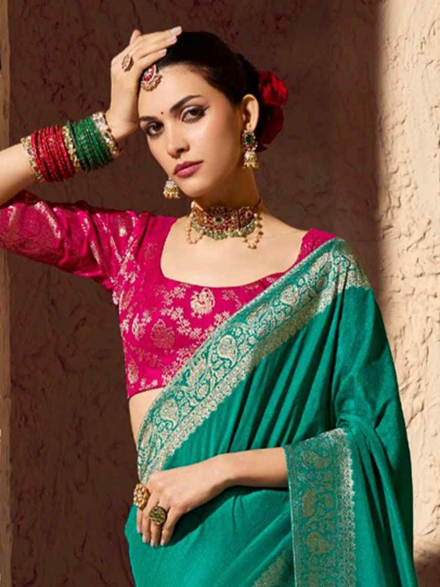 Green Premium Crepe Georgette Handwoven Traditional Bridal Reception Festival Wedding Fancy Heavy Border Saree