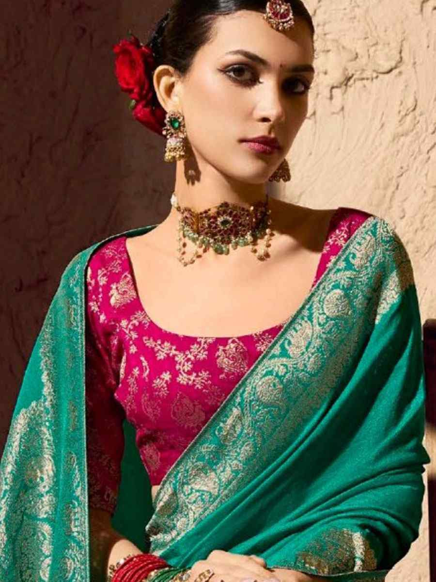 Green Premium Crepe Georgette Handwoven Traditional Bridal Reception Festival Wedding Fancy Heavy Border Saree