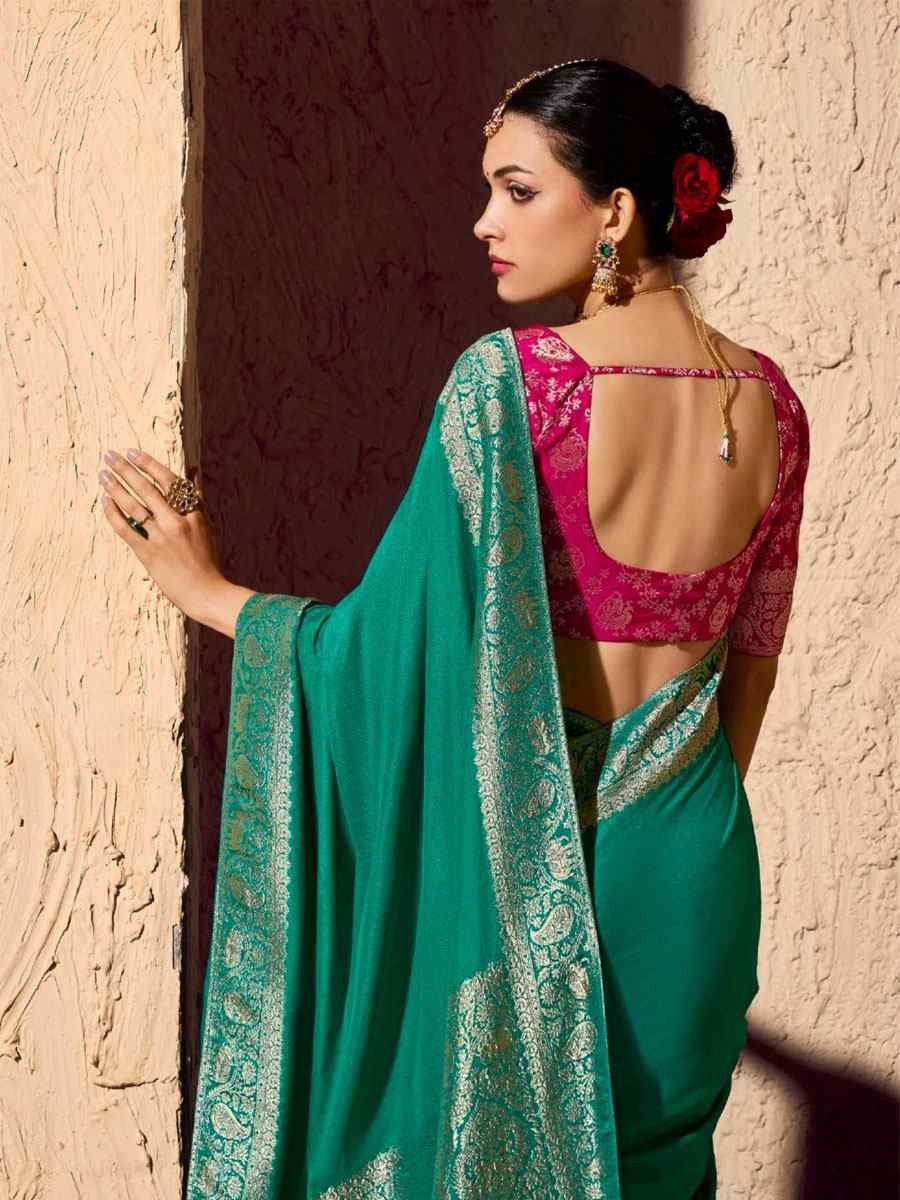 Green Premium Crepe Georgette Handwoven Traditional Bridal Reception Festival Wedding Fancy Heavy Border Saree