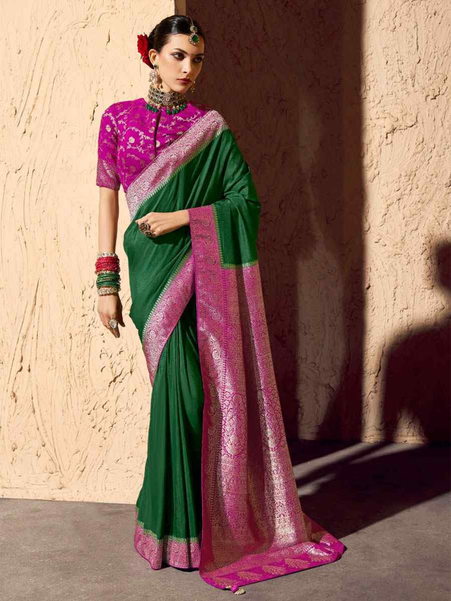 Green Premium Crepe Georgette Handwoven Traditional Bridal Reception Festival Wedding Fancy Heavy Border Saree