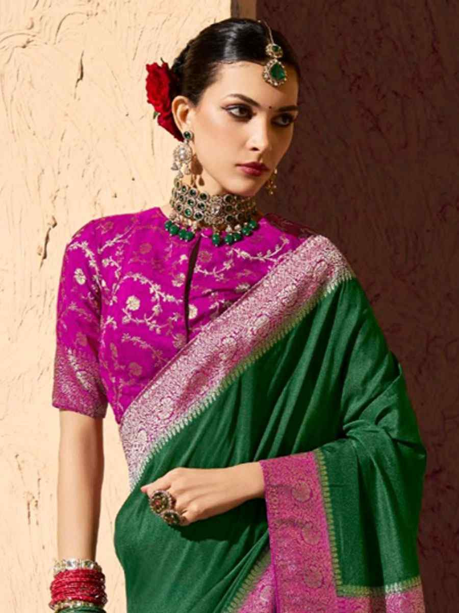 Green Premium Crepe Georgette Handwoven Traditional Bridal Reception Festival Wedding Fancy Heavy Border Saree