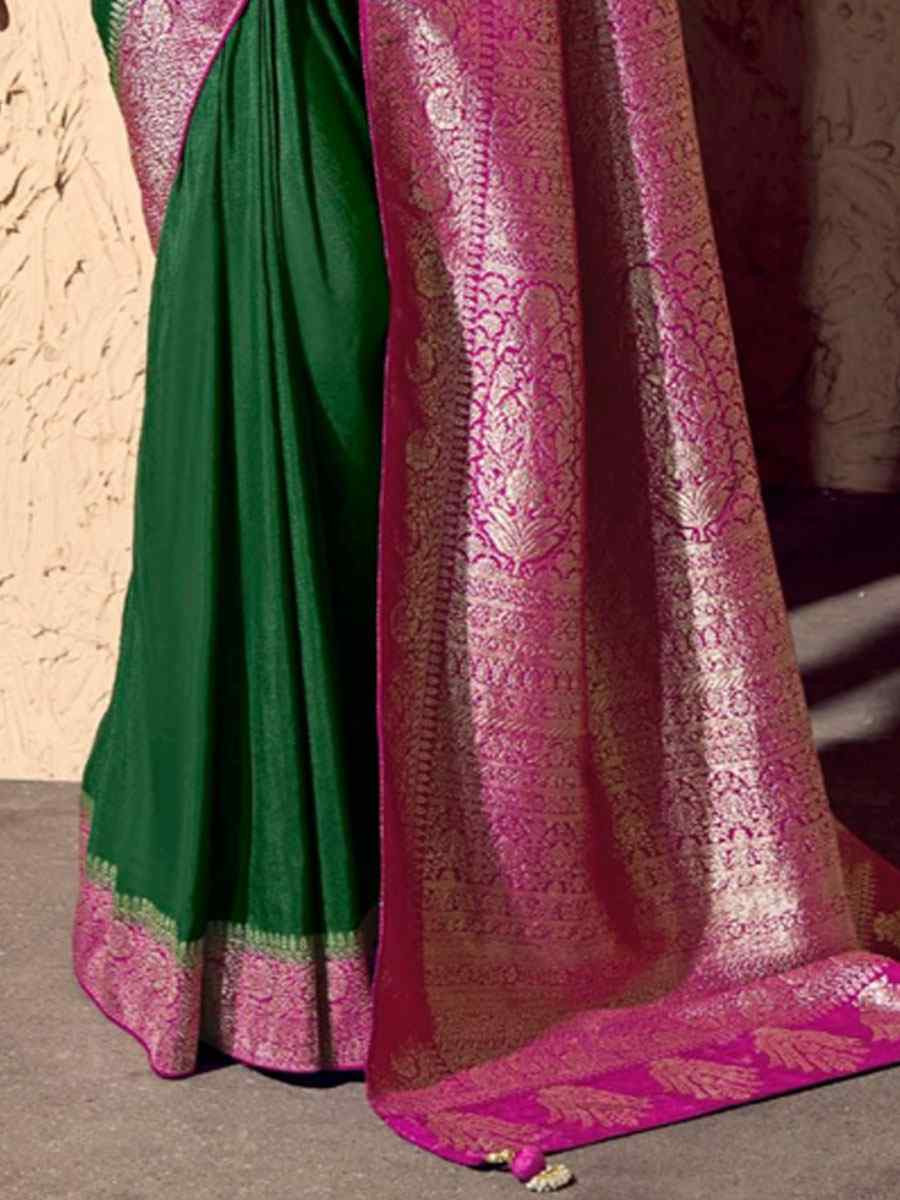 Green Premium Crepe Georgette Handwoven Traditional Bridal Reception Festival Wedding Fancy Heavy Border Saree