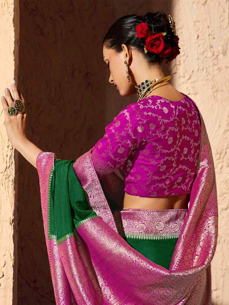 Green Premium Crepe Georgette Handwoven Traditional Bridal Reception Festival Wedding Fancy Heavy Border Saree