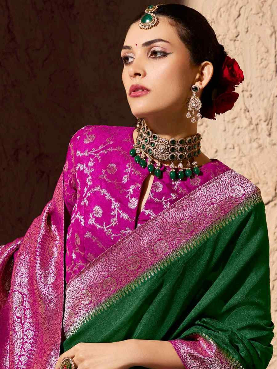 Green Premium Crepe Georgette Handwoven Traditional Bridal Reception Festival Wedding Fancy Heavy Border Saree
