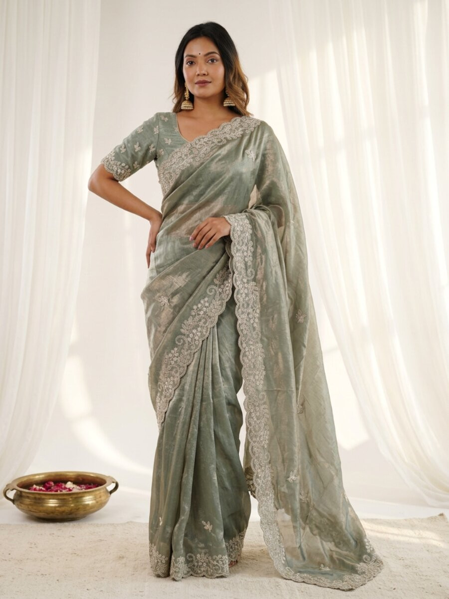 Green Premium Fandy Satin Embroidery Wedding Party Festival Reception Casual Heavy Border Sarees