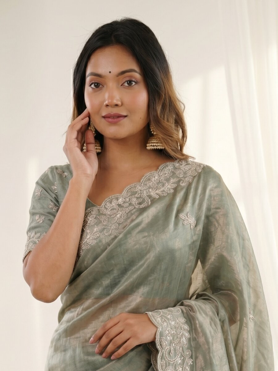 Green Premium Fandy Satin Embroidery Wedding Party Festival Reception Casual Heavy Border Sarees