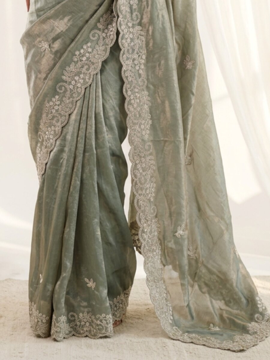 Green Premium Fandy Satin Embroidery Wedding Party Festival Reception Casual Heavy Border Sarees