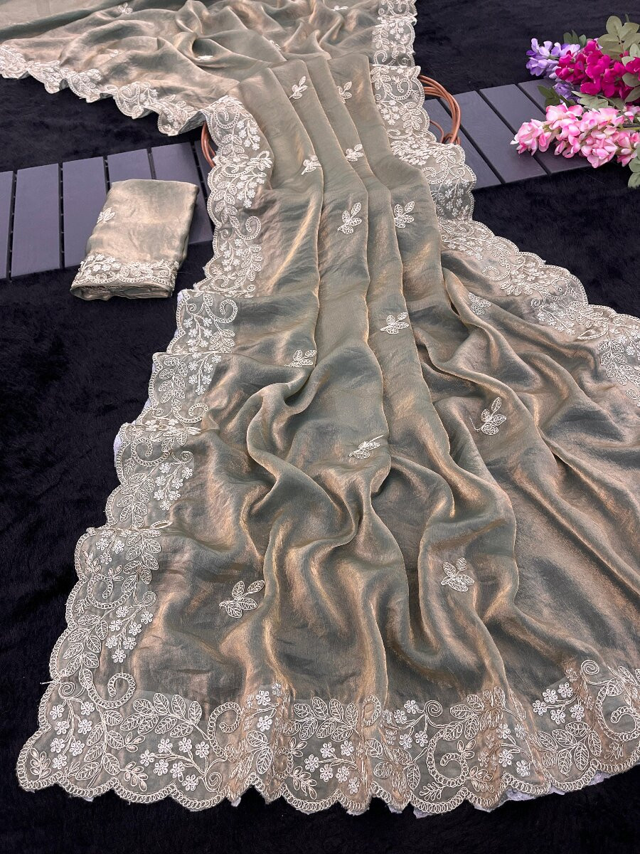 Green Premium Fandy Satin Embroidery Wedding Party Festival Reception Casual Heavy Border Sarees