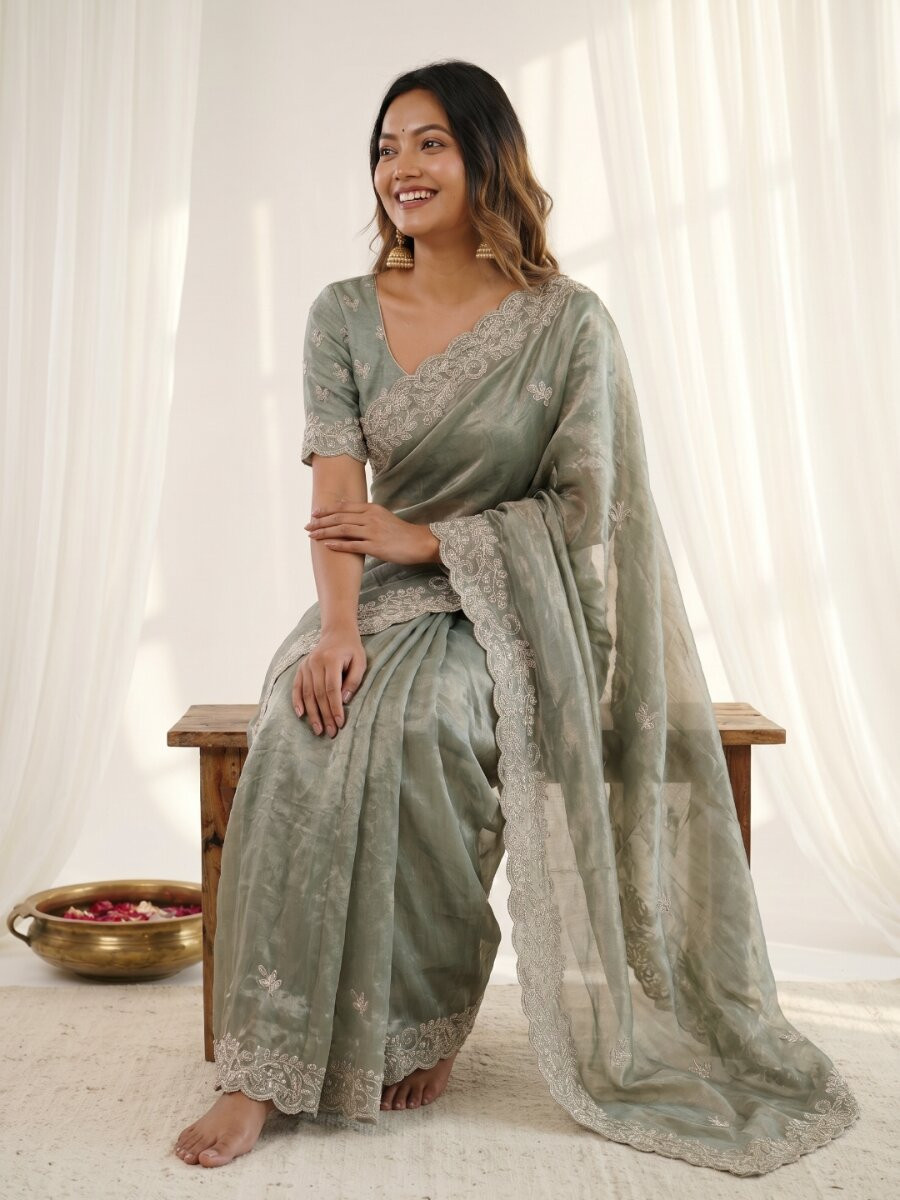 Green Premium Fandy Satin Embroidery Wedding Party Festival Reception Casual Heavy Border Sarees